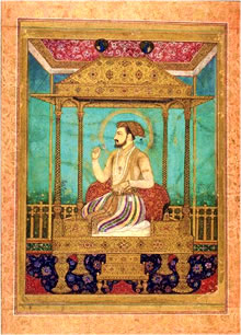 공작 왕좌에 앉은 샤 자한의 예술적 묘사