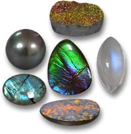 무지개 빛깔의 보석: 무지개 황철석, 월장석, 오팔 이중선, 래브라도라이트, 진주 및 암몰라이트