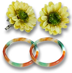 Mod-Style Flower Earrings and Multicolored Jade Bangles