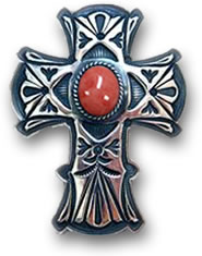 Stamped Silver and Coral Cross Pendant