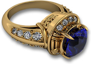 블루 사파이어와 화이트 다이아몬드가 세팅된 옐로우 골드 약혼 반지