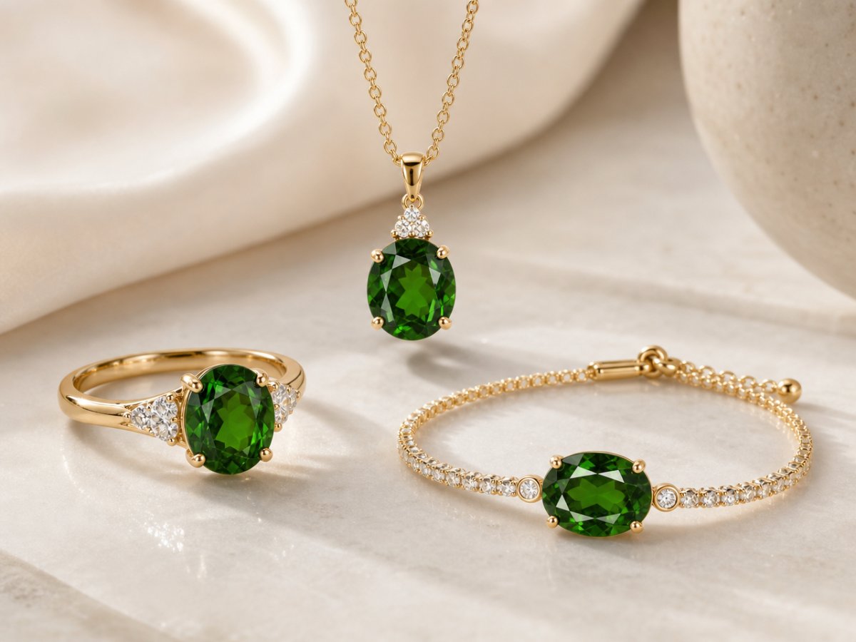 크롬 다이옵사이드 원석이 보석에 사용된 모습