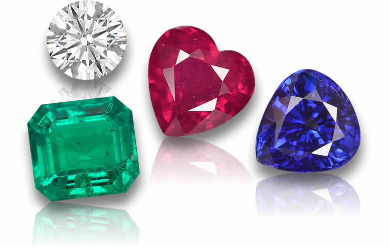 루비, 사파이어, 에메랄드, 다이아몬드를 포함한 낱개 원석