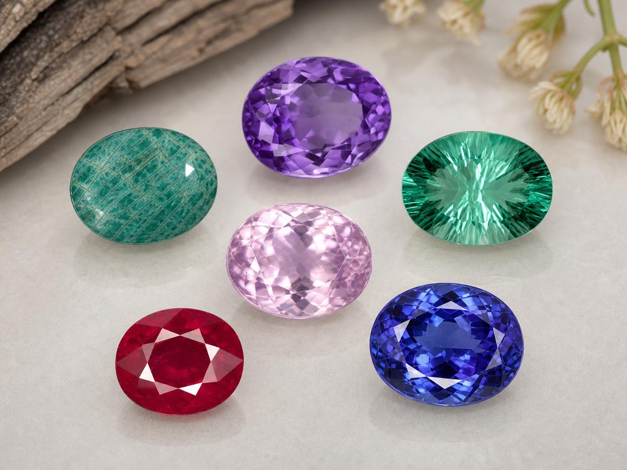 다양한 색상의 7x5mm 타원형 원석 여러 개