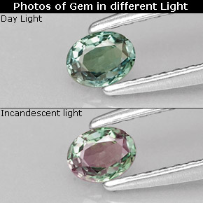 0.19캐럿 천연 그린/레드 알렉산드라이트, 타원형 컷, 4.1×3.2 mm, VVS-VS