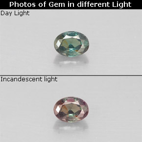 0.12캐럿 천연 그린/레드 알렉산드라이트, 타원형 컷, 3.3×2.5 mm, VS