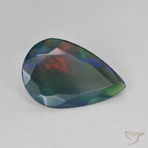 2.01캐럿 천연 멀티컬러 블랙 오팔, 배 모양, 15.1×9.8 mm, 투명한