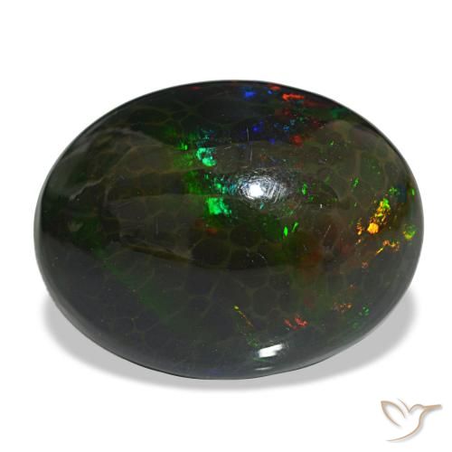 16.29캐럿 천연 멀티컬러 블랙 오팔, 타원형 컷, 21.1×16.3 mm, 불투명체