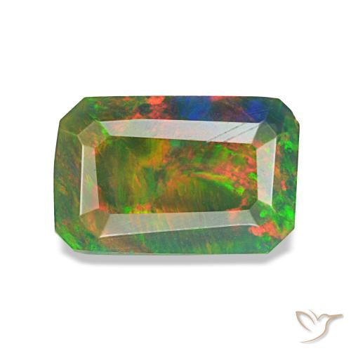 0.89캐럿 천연 멀티컬러 블랙 오팔, 에메랄드 컷, 8.7×5.7 mm, 투명한