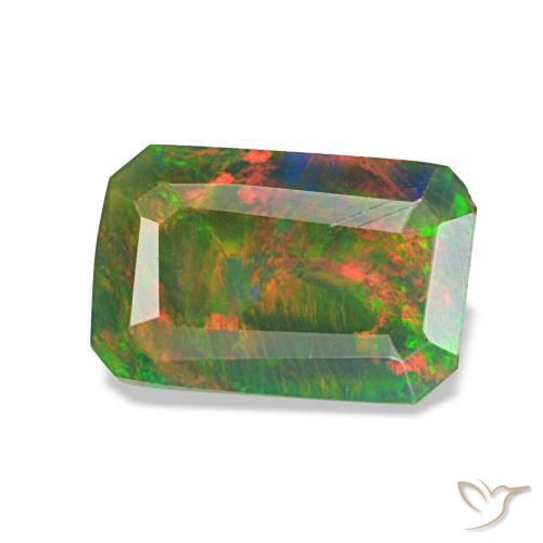 0.89캐럿 천연 멀티컬러 블랙 오팔, 에메랄드 컷, 8.7×5.7 mm, 투명한