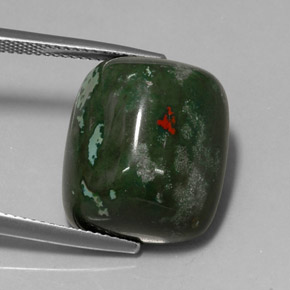 18.96캐럿 천연 점박이 그린 블러드스톤, 쿠션 컷, 17.8×15.2 mm, 불투명체