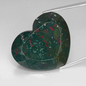 86.15캐럿 천연 점박이 그린 블러드스톤, 하트 모양, 34.1×28.7 mm, 불투명체