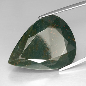39.39캐럿 천연 점박이 그린 블러드스톤, 배 모양, 30.7×23.5 mm, 불투명체
