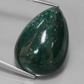 34.01캐럿 천연 점박이 그린 블러드스톤, 배 모양, 27.9×19.7 mm, 불투명체