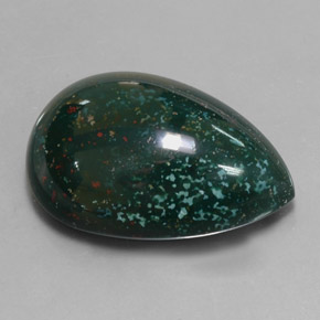34.01캐럿 천연 점박이 그린 블러드스톤, 배 모양, 27.9×19.7 mm, 불투명체