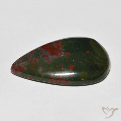22.06캐럿 천연 녹색과 빨강 블러드스톤, 배 모양, 29.1×19.5 mm, 불투명체