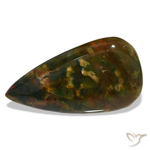 12.81캐럿 천연 녹색과 빨강 블러드스톤, 배 모양, 27.8×14.7 mm, 불투명체