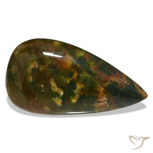 12.81캐럿 천연 녹색과 빨강 블러드스톤, 배 모양, 27.8×14.7 mm, 불투명체