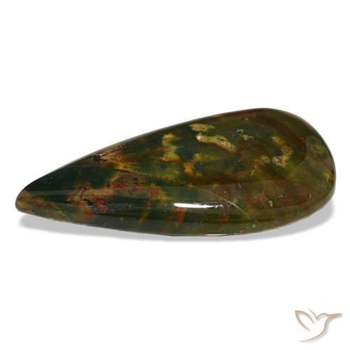12.81캐럿 천연 녹색과 빨강 블러드스톤, 배 모양, 27.8×14.7 mm, 불투명체