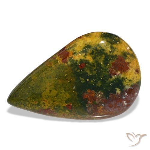 12.99캐럿 천연 녹색과 빨강 블러드스톤, 배 모양, 24.3×15.5 mm, 불투명체