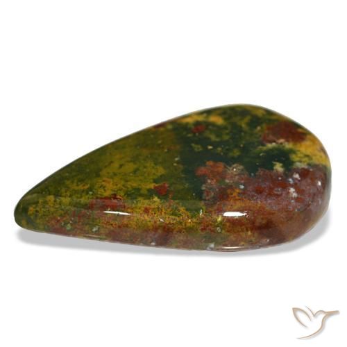 12.99캐럿 천연 녹색과 빨강 블러드스톤, 배 모양, 24.3×15.5 mm, 불투명체