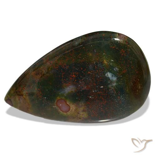 30.24캐럿 천연 녹색과 빨강 블러드스톤, 배 모양, 35.3×21.8 mm, 불투명체