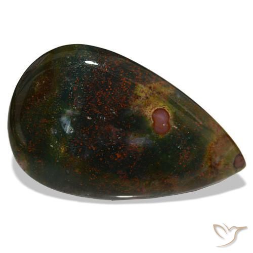 30.24캐럿 천연 녹색과 빨강 블러드스톤, 배 모양, 35.3×21.8 mm, 불투명체
