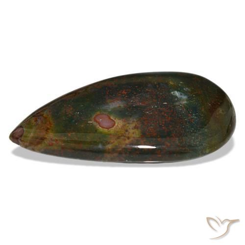 30.24캐럿 천연 녹색과 빨강 블러드스톤, 배 모양, 35.3×21.8 mm, 불투명체