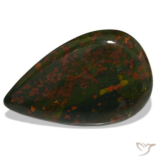 32.00캐럿 천연 녹색과 빨강 블러드스톤, 배 모양, 35.5×22.3 mm, 불투명체