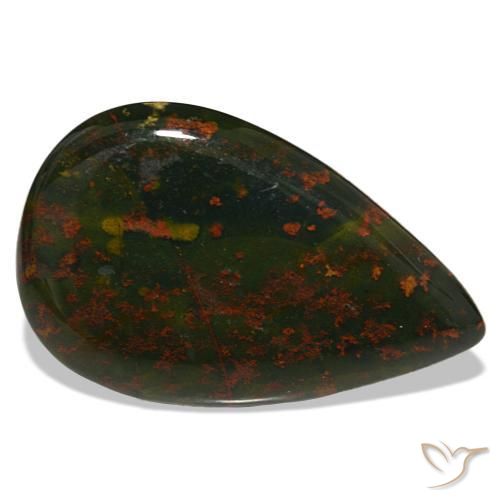 32.00캐럿 천연 녹색과 빨강 블러드스톤, 배 모양, 35.5×22.3 mm, 불투명체