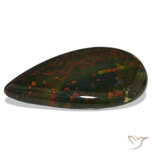 32.00캐럿 천연 녹색과 빨강 블러드스톤, 배 모양, 35.5×22.3 mm, 불투명체