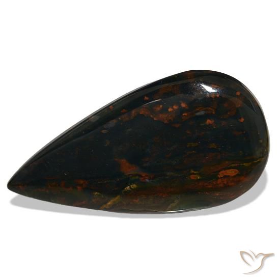 37.50캐럿 천연 녹색과 빨강 블러드스톤, 배 모양, 44×22.8 mm, 불투명체