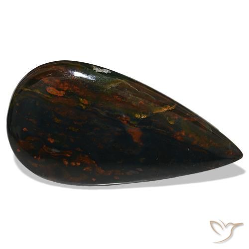 37.50캐럿 천연 녹색과 빨강 블러드스톤, 배 모양, 44×22.8 mm, 불투명체