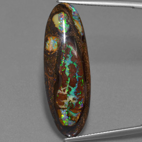 27.43캐럿 천연 멀티컬러 볼더 오팔, 타원형 컷, 35.8×12.4 mm, 불투명체