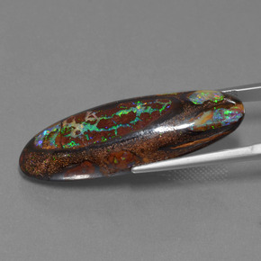 27.43캐럿 천연 멀티컬러 볼더 오팔, 타원형 컷, 35.8×12.4 mm, 불투명체