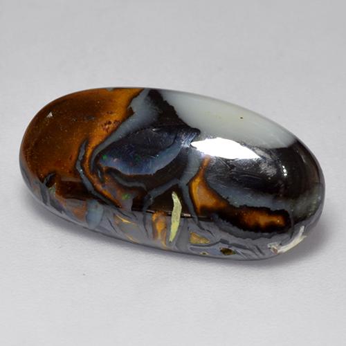 6.31캐럿 천연 멀티컬러 볼더 오팔, 타원형 컷, 19.7×10.1 mm, 불투명체