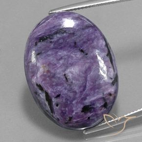 34.07캐럿 천연 모브 바이올렛 차로아이트, 타원형 컷, 27.9×21.2 mm, 불투명체