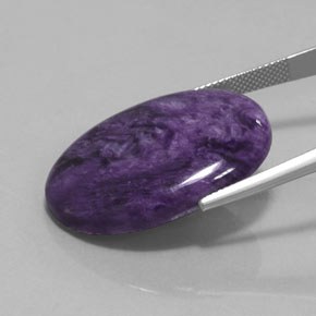 28.06캐럿 천연 바이올렛 차로아이트, 타원형 컷, 30.3×22.3 mm, 불투명체