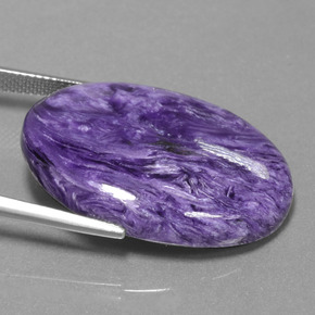 30.97캐럿 천연 바이올렛 차로아이트, 타원형 컷, 30.1×22.1 mm, 불투명체