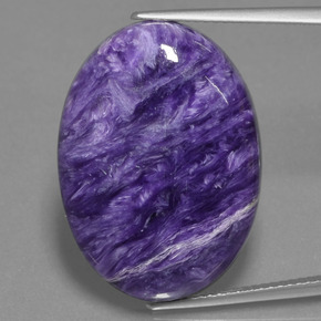 21.21캐럿 천연 바이올렛 차로아이트, 타원형 컷, 25.3×18.3 mm, 불투명체