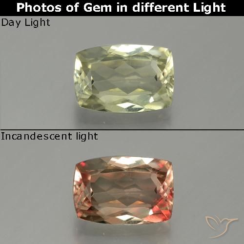 1.12캐럿 천연 미디엄 옐로우 컬러체인지 디아스포어, 쿠션 컷, 7.8×5.3 mm, VS