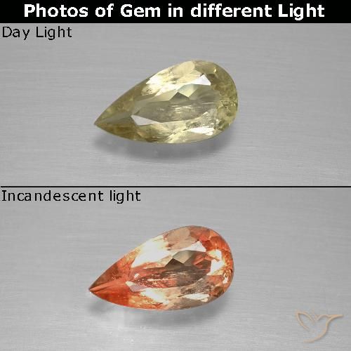 0.96ct 자연스러운 따뜻한 노란색 색상 변화 디아스포어, 배 모양, VS-SI