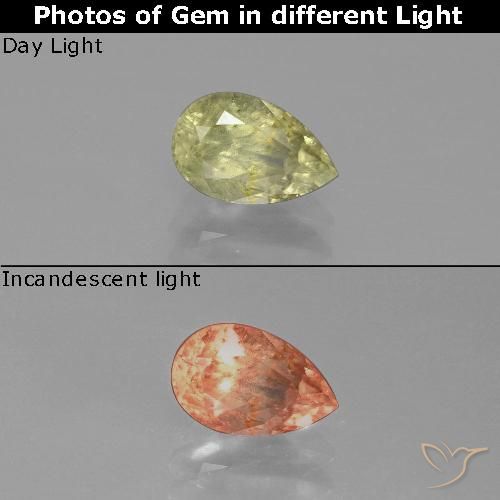 0.96ct 자연스러운 미디엄 옐로우 색상 변화 디아스포어, 배 모양, SI
