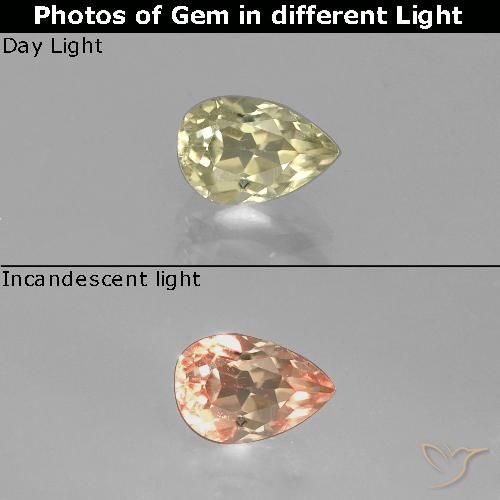 0.83ct 자연스러운 미디엄 옐로우 색상 변화 디아스포어, 배 모양, VVS-VS