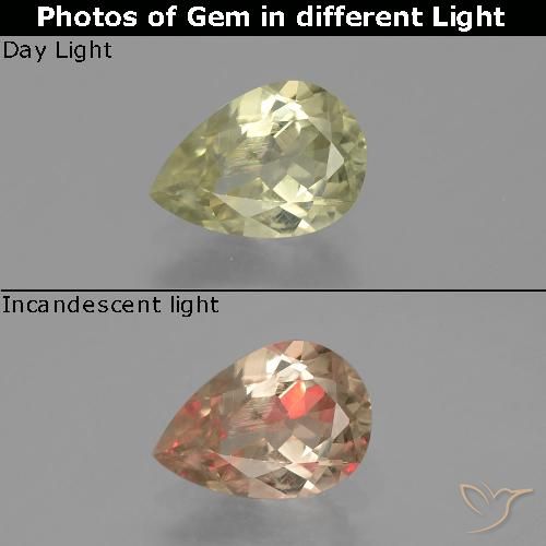 1.12ct 자연스러운 미디엄 옐로우 색상 변화 디아스포어, 배 모양, VS-SI
