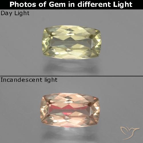 1.27캐럿 천연 매우 연한 옐로우 컬러체인지 디아스포어, 쿠션 컷, 8.7×4.9 mm, VVS-VS