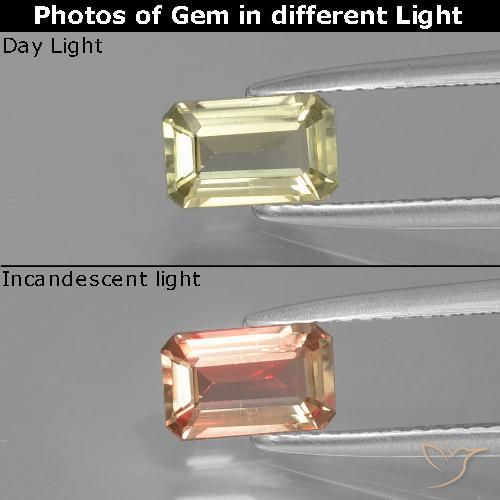 0.84ct 자연스러운 매우 밝은 노란색 색상 변화 디아스포어, 에메랄드 컷, VS