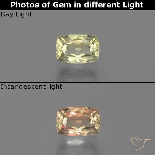 1.24ct 자연스러운 연두색 색상 변화 디아스포어, 방석, VVS-VS