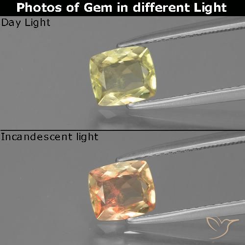 1.09ct 자연스러운 연두색 색상 변화 디아스포어, 방석, VS