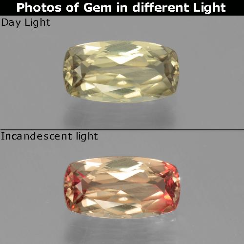 1.30캐럿 천연 라이트 골든 옐로우 색상 변화 디아스포어, 쿠션 컷, VVS-VS